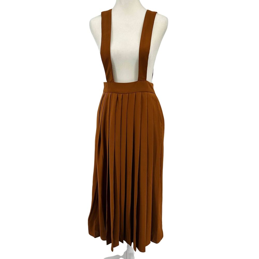 SHEIN Solid Pleated Suspender Skirt SZ S Burnt Orange Adjustable Strap Pinafore